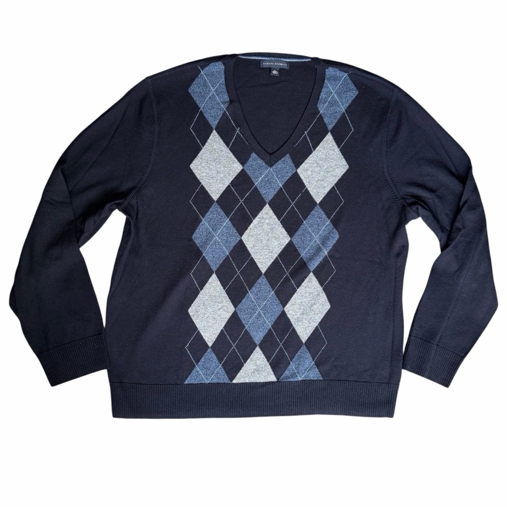 Banana Republic Merino Wool Argyle V-Neck Sweater Men’s size XL Preppy Academia